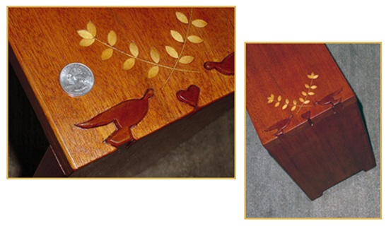 Joinery symbolizes doves and a heart, with inlaid representation of olive branches.